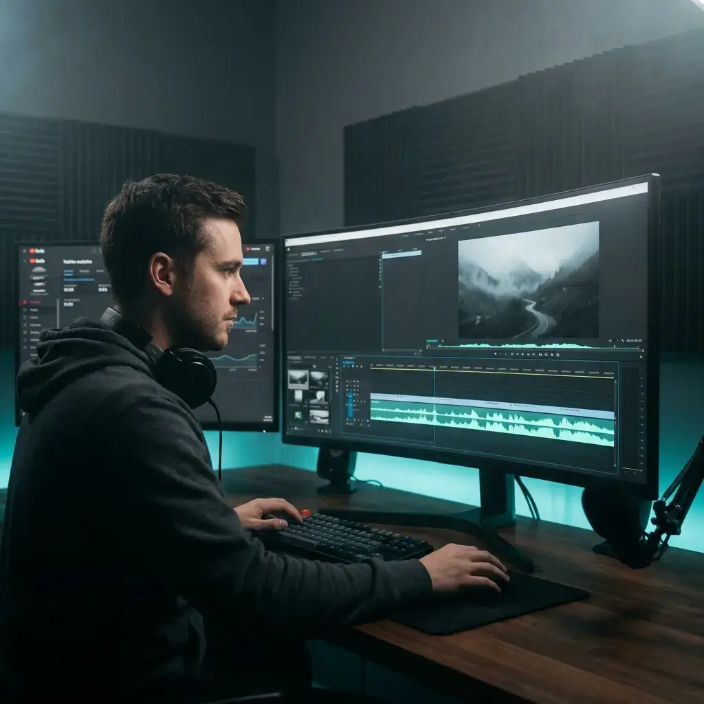 YouTuber editing a video essay with a slowed and reverb soundtrack on the timeline