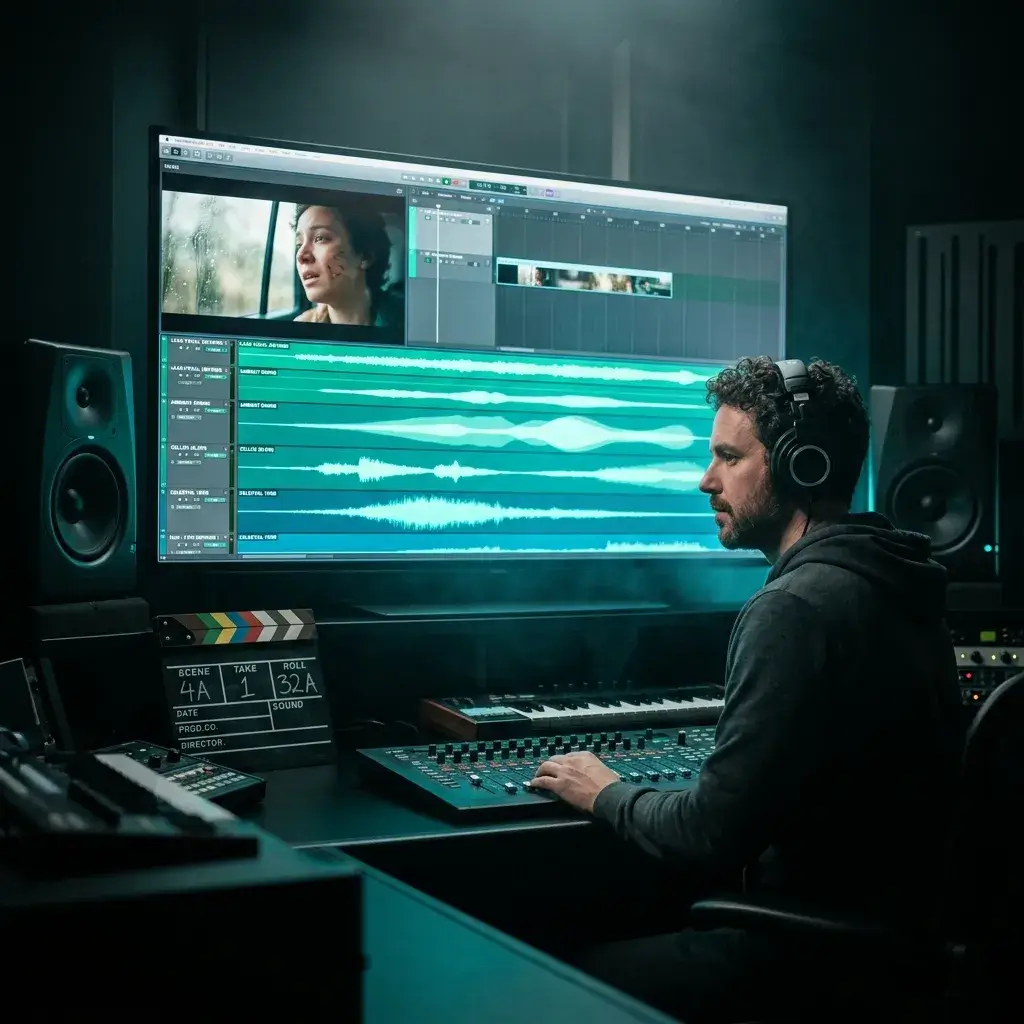 Filmmaker scoring an emotional scene with slowed and reverb music in post-production