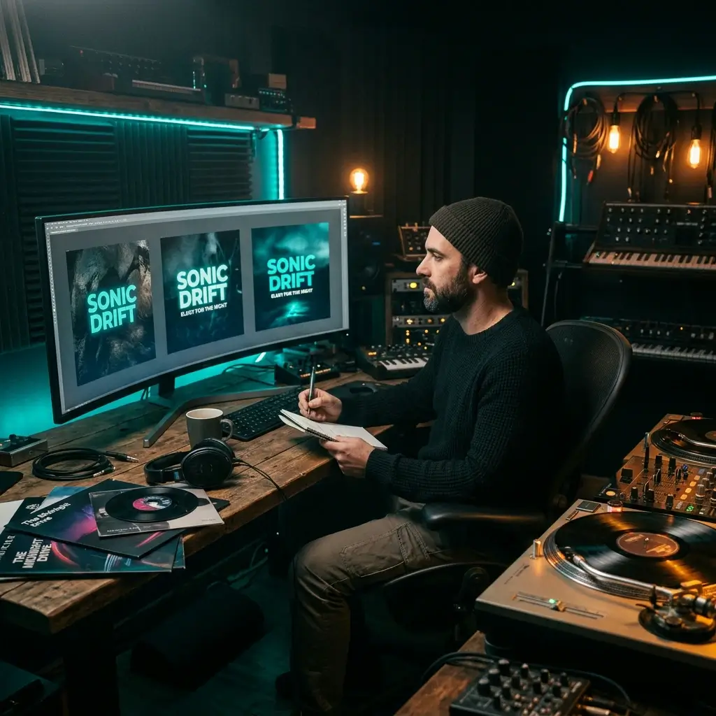 Musician reviewing album artwork concepts on a large monitor in a dark studio with teal cyan accent lighting