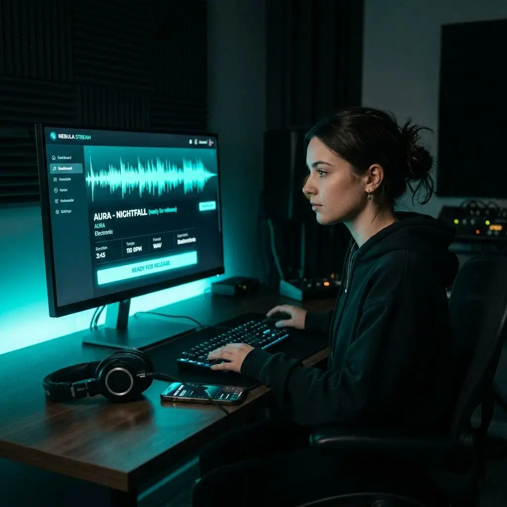 Artist at a minimalist desk preparing a single release with streaming platform dashboards glowing in teal cyan