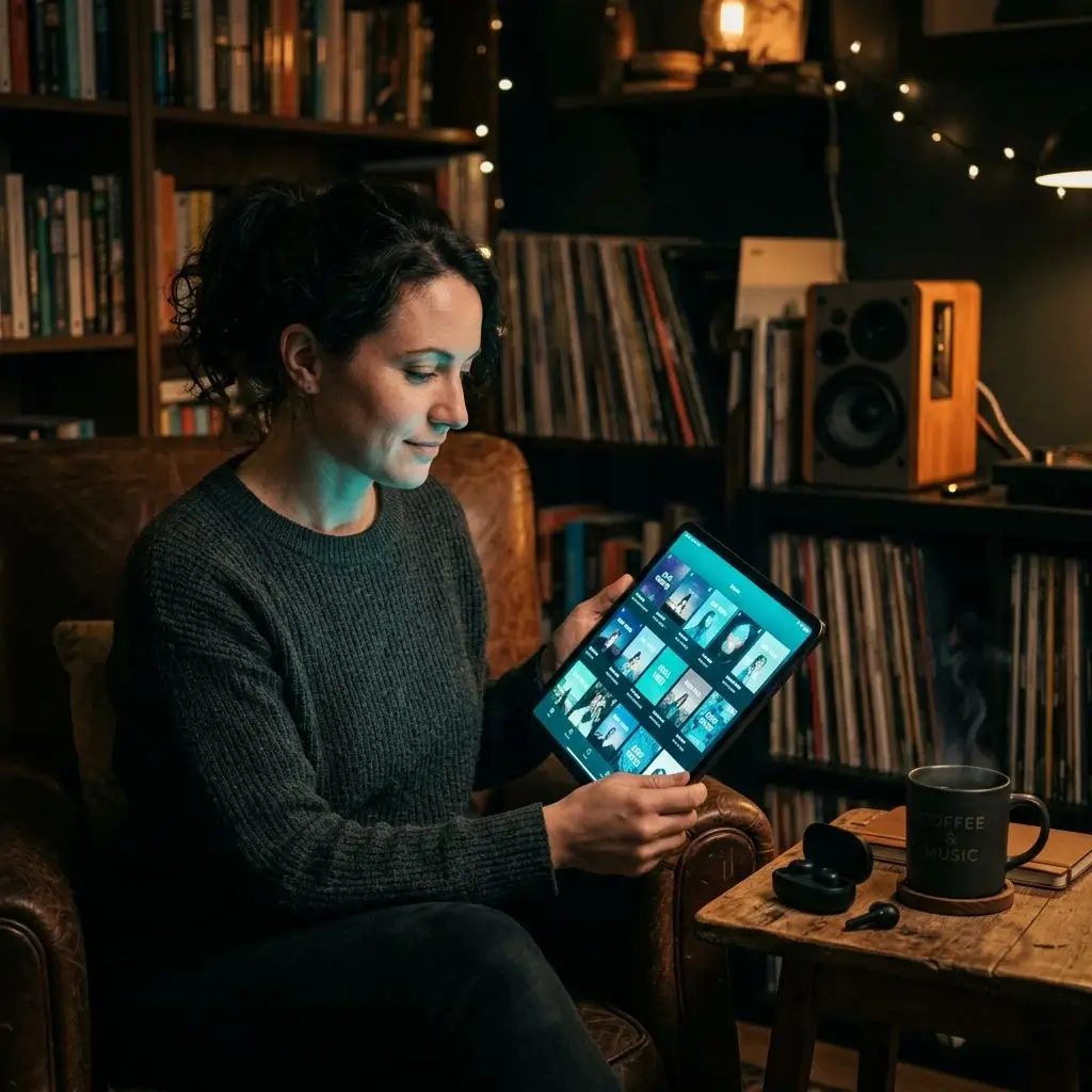 Music curator browsing playlist collections on a tablet with teal cyan glowing interface in a cozy dark room