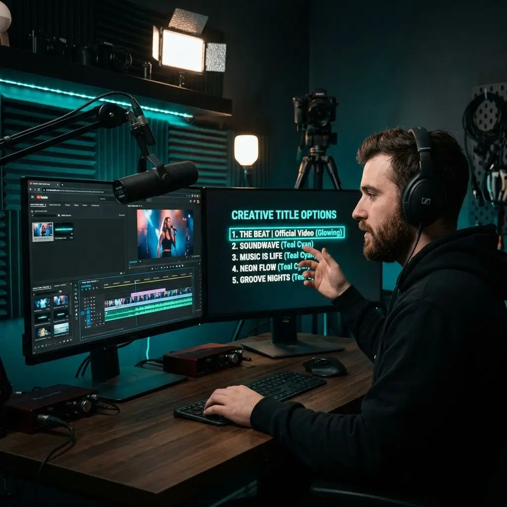 Content creator at a YouTube editing setup with video timeline and teal cyan audio tracks on dual monitors