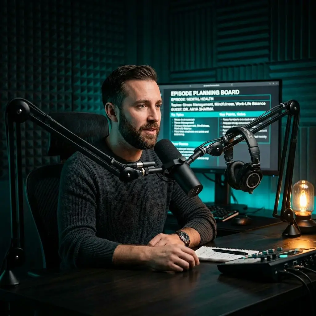 Podcast host at a recording desk with microphone and episode planning notes glowing in teal cyan on screen