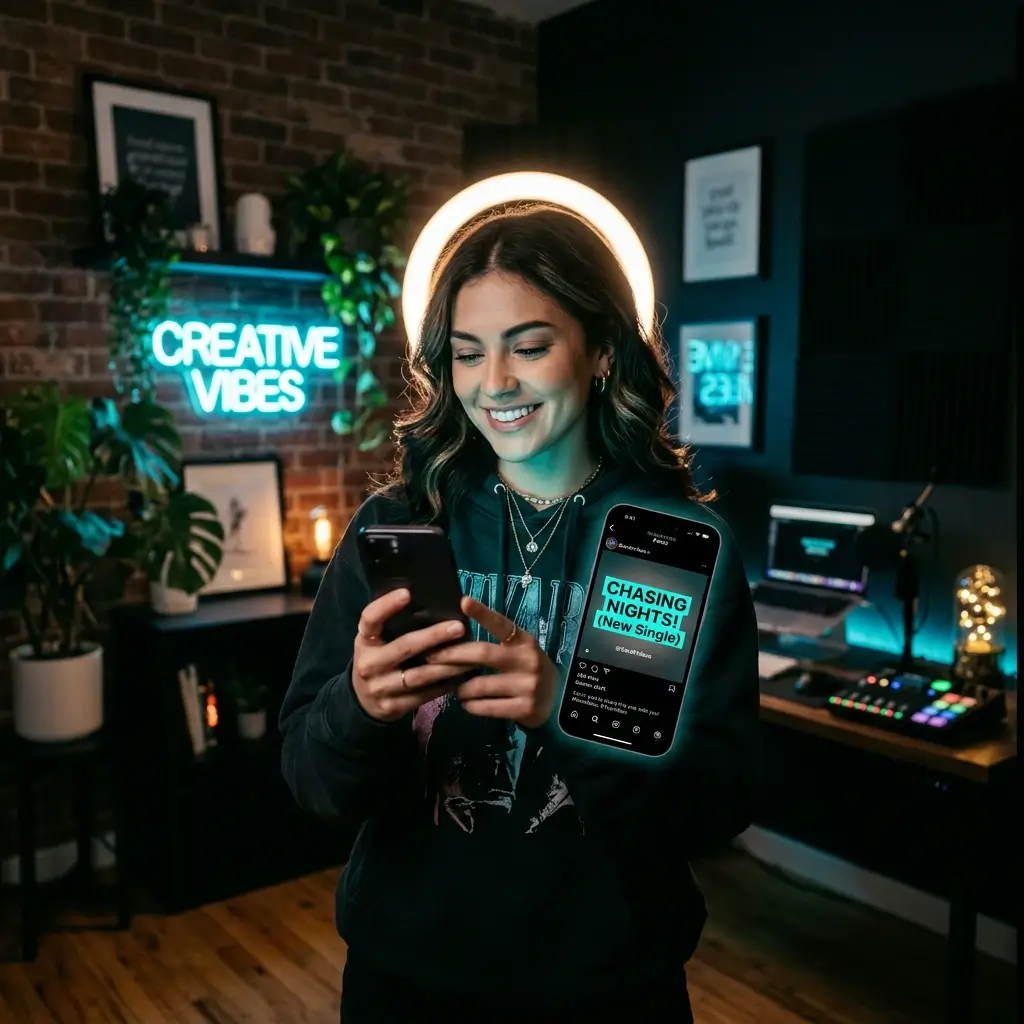 Social media creator holding a phone with a music post draft glowing in teal cyan, ring light in background