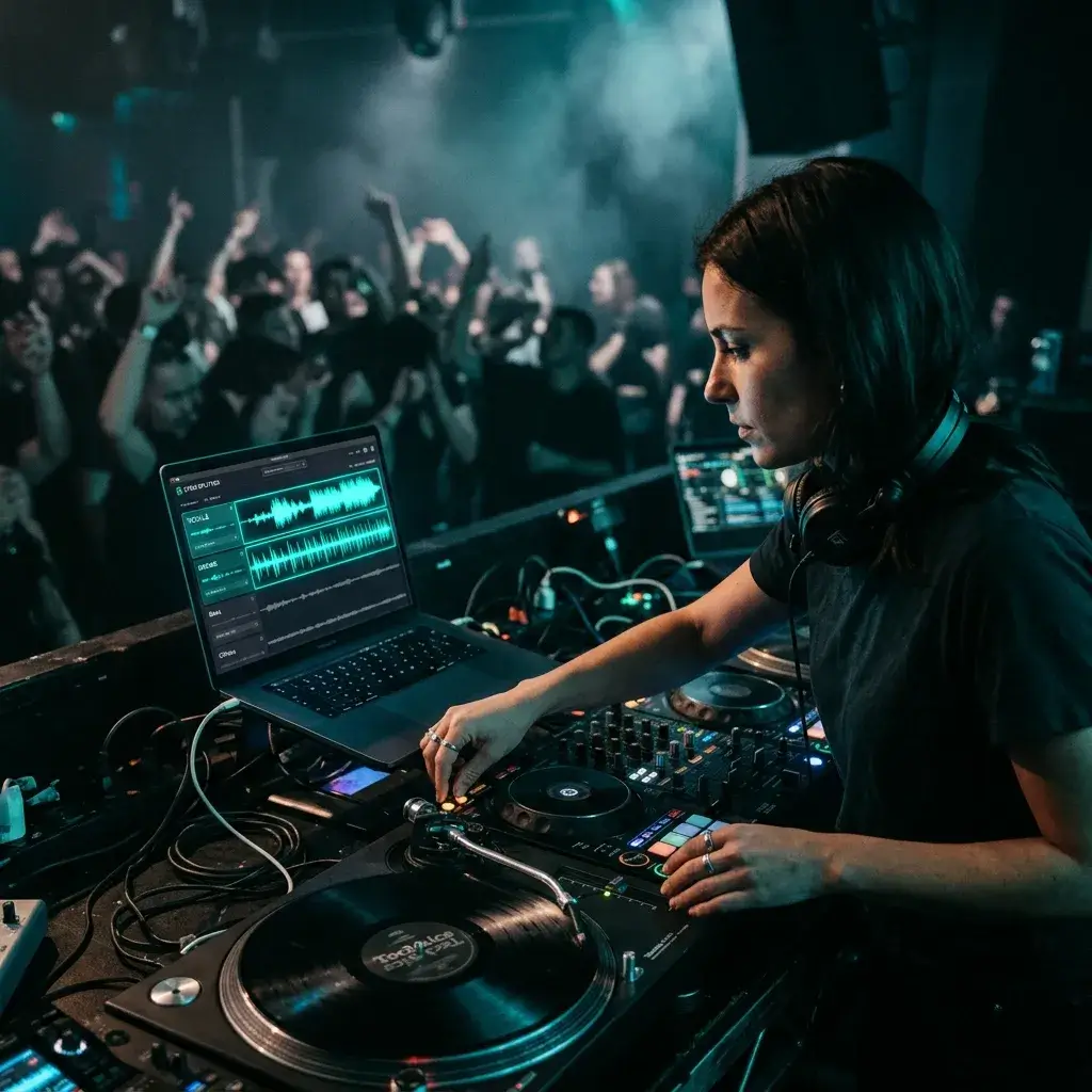 DJ isolating vocal stems from a track for a live mashup performance