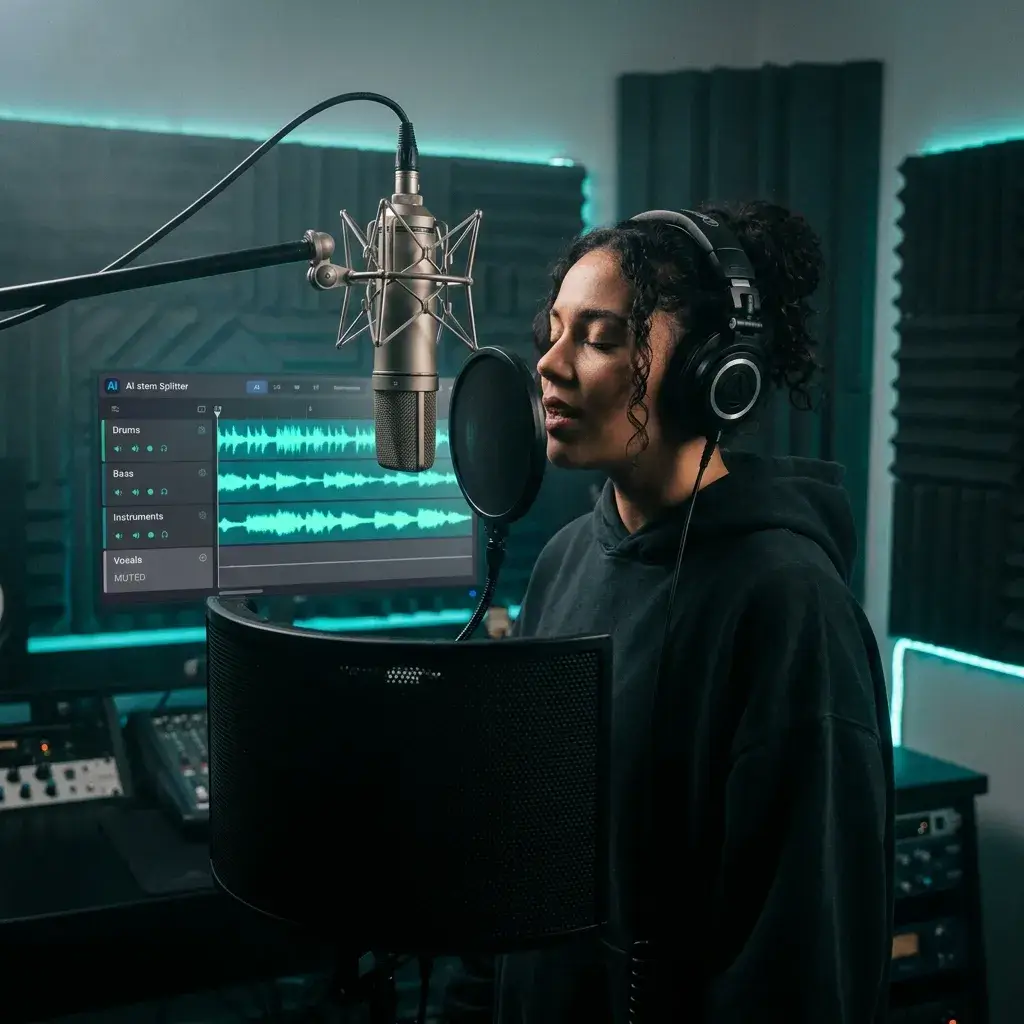 Singer practicing vocals over an instrumental backing track created by removing vocals with AI