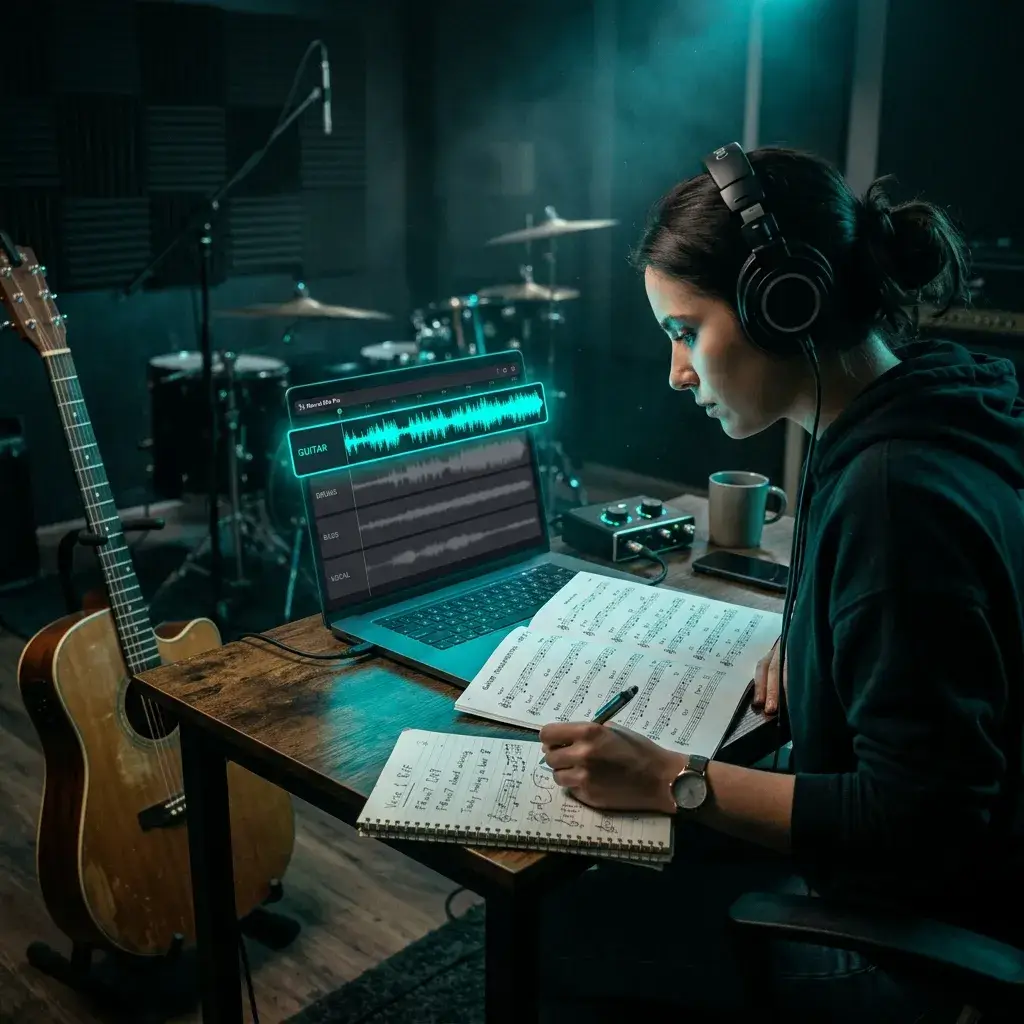 Music student isolating a guitar stem to study and transcribe a solo
