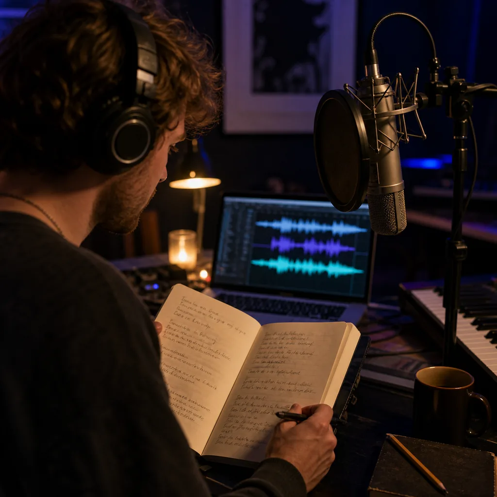 Songwriter developing original lyrics with AI vocals and instrumentation