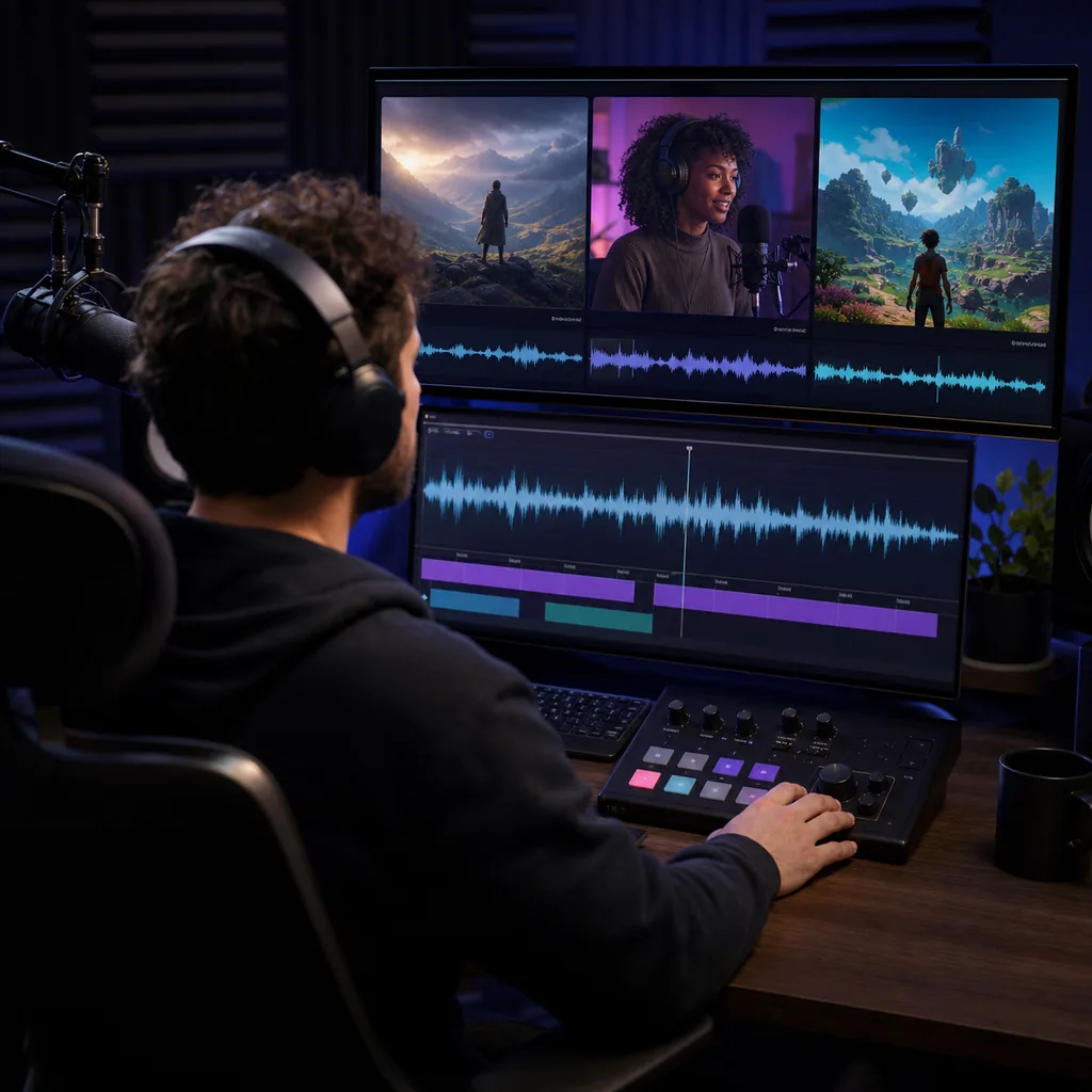 Content creator matching an AI-generated soundtrack to a video edit