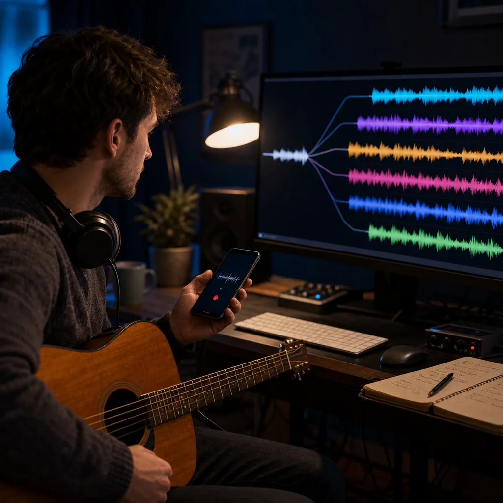 Songwriter comparing AI-generated arrangements for a music demo