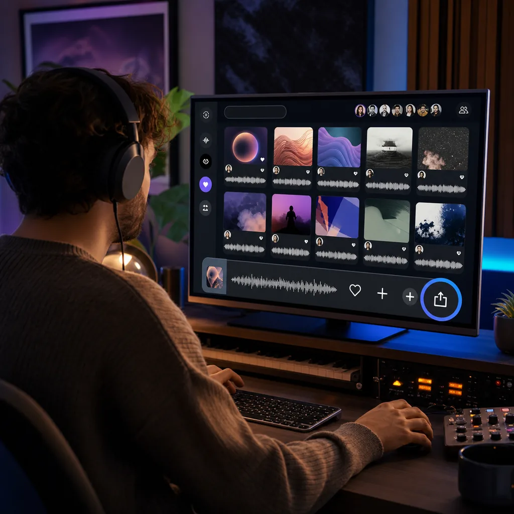 Music creator browsing and sharing songs in an online AI music community