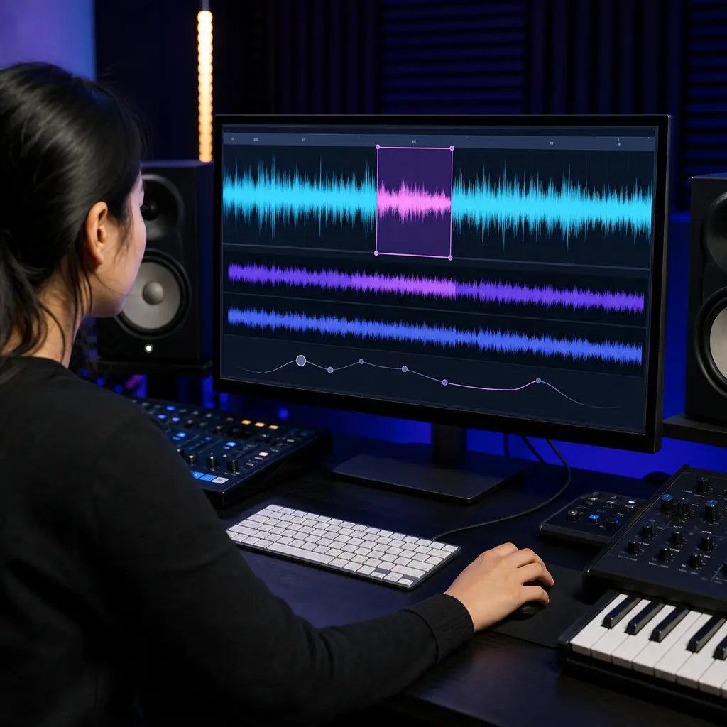 Musik-Creator bearbeitet einen ausgewählten Abschnitt auf einer Audio-Wellenform