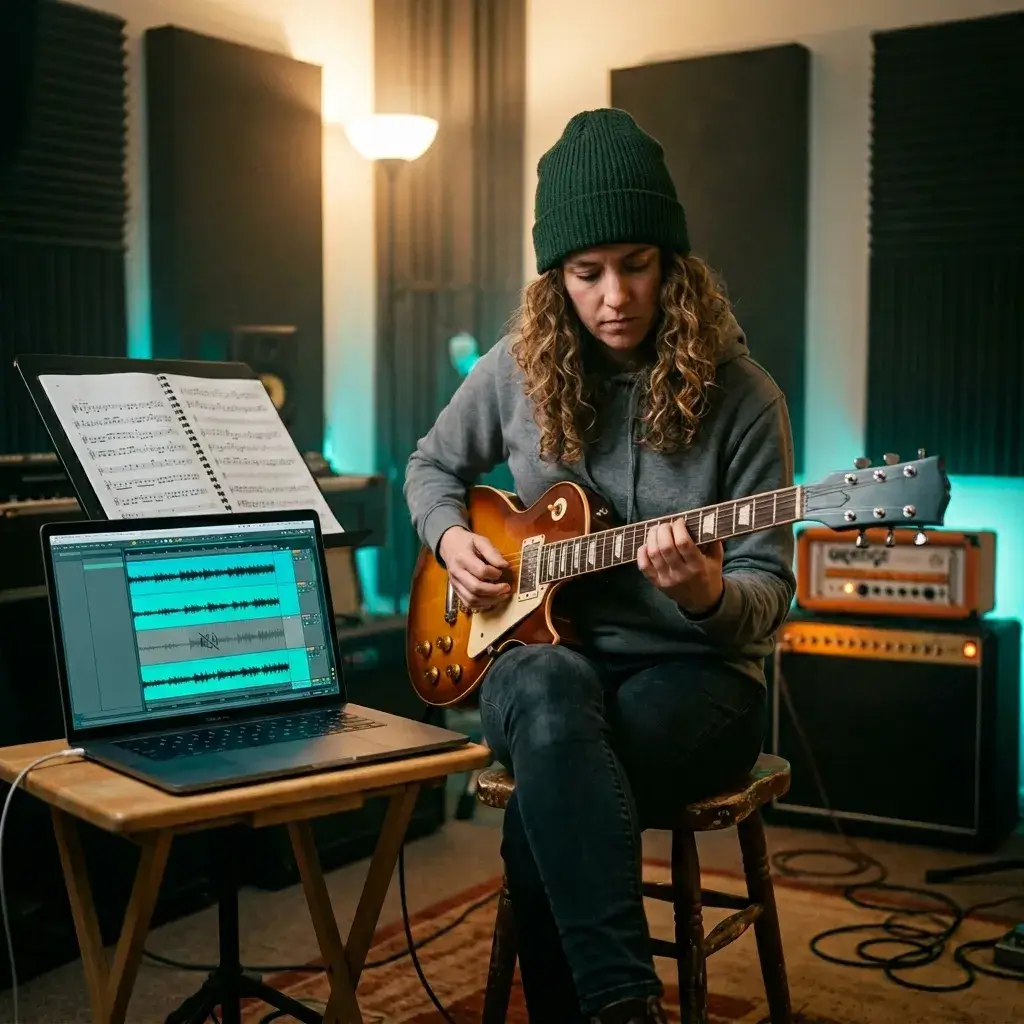 Gitarrist übt zusammen mit isolierten Backing-Stems
