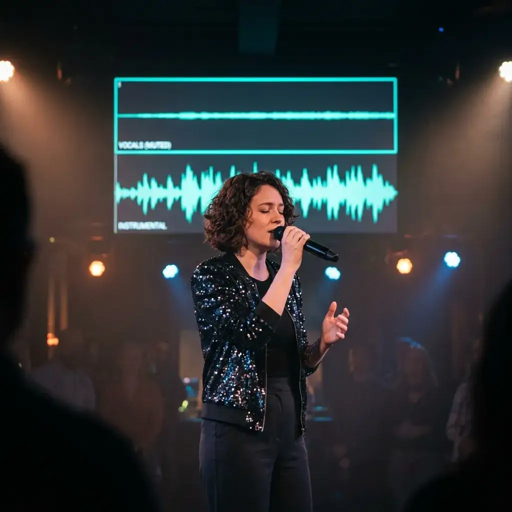 Sänger spielt Karaoke mit einem Stem-Split-Instrumentalstück