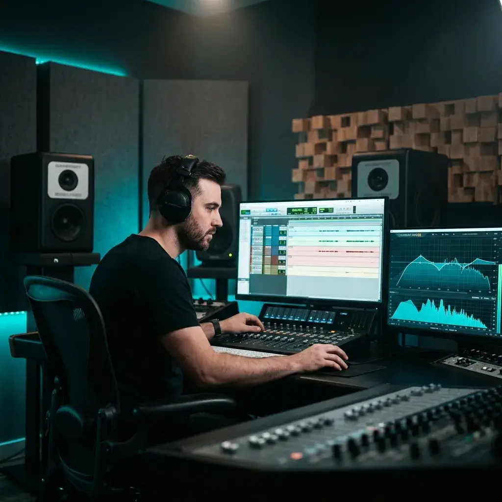 Audioingenieur studiert getrennte Stems als Referenz für das Mischen